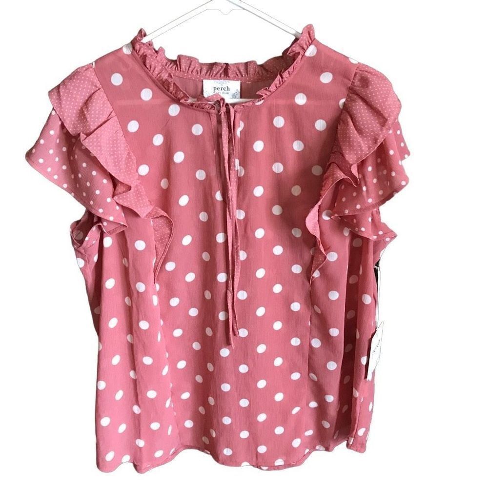 Perch by blu pepper pink polka dot ruffle shirt blouse ties size 1X semi sheer